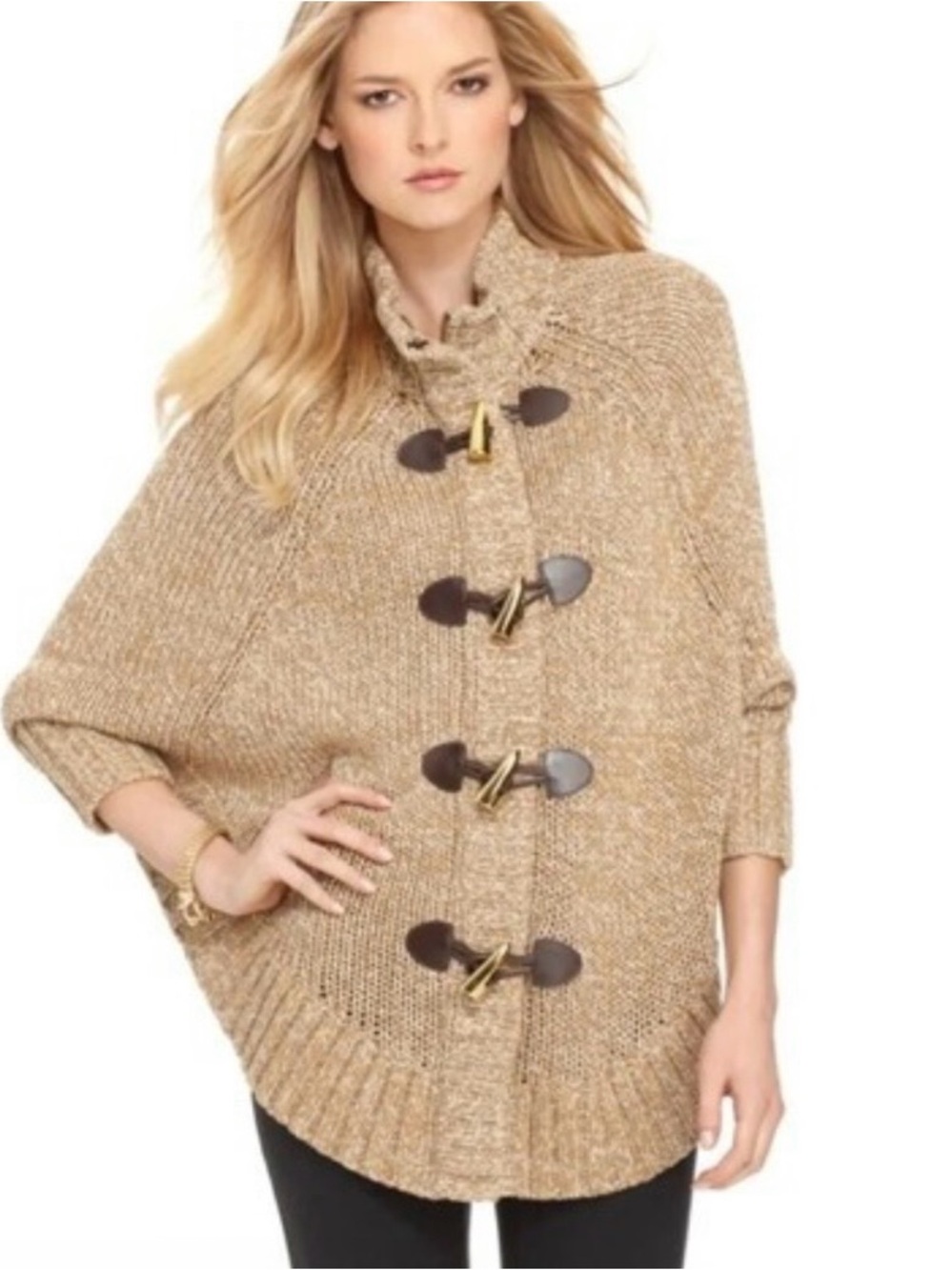 Michael Kors Tan, Toggle-Knit Sweater Cape.